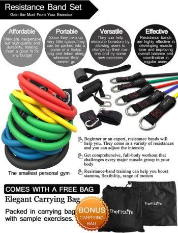 TheFitLife Exercise Resistance Bands with Handles - 5 Fitness Workout Bands Stackable up to 110 - 150 lbs, Training Tubes with Large Handles, Ankle Straps, Door Anchor Attachment, Carry Bag and eBook