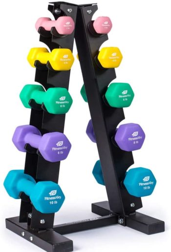 Fitness Alley Neoprene Dumbbells A Frame Rack - Free Weights Hex Hand Weights - Gym Exercise 5 Pairs Set with 5 Tier Rack