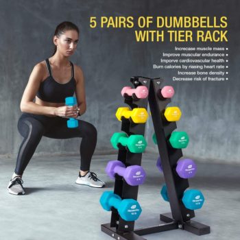 Fitness Alley Neoprene Dumbbells A Frame Rack - Free Weights Hex Hand Weights - Gym Exercise 5 Pairs Set with 5 Tier Rack