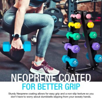 Fitness Alley Neoprene Dumbbells A Frame Rack - Free Weights Hex Hand Weights - Gym Exercise 5 Pairs Set with 5 Tier Rack