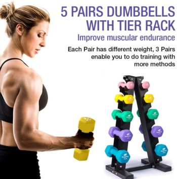 Fitness Alley Neoprene Dumbbells A Frame Rack - Free Weights Hex Hand Weights - Gym Exercise 5 Pairs Set with 5 Tier Rack