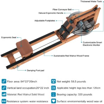 Mr Captain Rowing Machine for Home Use,Water Resistance Wood Rower with Bluetooth Monitor,Indoor Fitness Exercise Sports Equipment