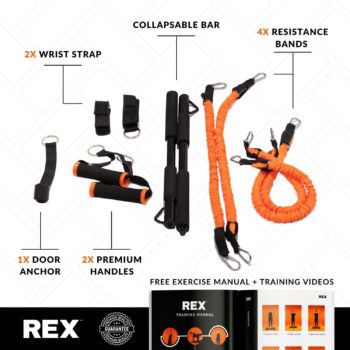 REX Full Body Workout Machines For Home Portable Home Gym With 4 Resistance Bands With Bar & Lewin Fitness Platform Plus Accessories - Total Body Gym for Work Outs at Home