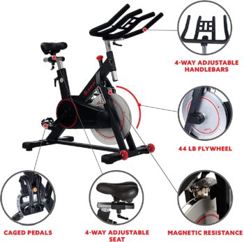 Sunny Health & Fitness Magnetic Belt Drive Indoor Cycling Bike with 44 lb Flywheel and Large Device Holder, Black, Model Number: SF-B1805