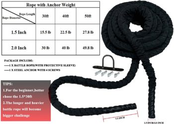 Best Companions Heavy Battle Rope 100% Dacron Exercise Equipment with Anchor Included Strength Training Ropes for Home Gym and Outdoor Exercise