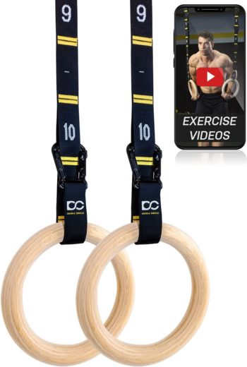 Double Circle Wood Gymnastic Rings with Quick Adjust Numbered Straps and Exercise Videos Guide for Full Body Workout, Crossfit, and Home Gym