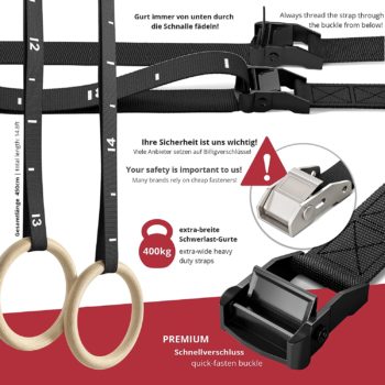 Gymnastic Rings Set Wood + Door Anchor Attachment, Exercise eBook & Adjustable Safety Straps + Length Markings | Wooden Olympic Gym Gymnastics Athletic Fitness | Home Workout Muscle Training Equipment