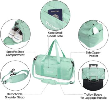 BALEINE Gym Bag for Women and Men, Small Duffel Bag for Sports, Gyms and Weekend Getaway, Waterproof Dufflebag with Shoe and Wet Clothes Compartments, Lightweight Carryon Gymbag (Green)