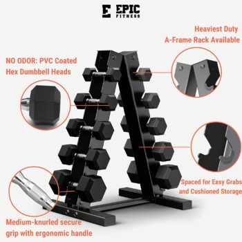 Epic Fitness 150-Pound Premium Hex Dumbbell Set with Heavy Duty A-Frame Rack