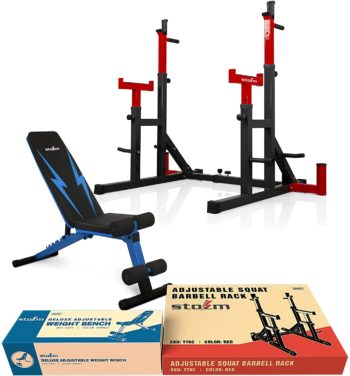 STOZM Home Fitness Station with Weight Training Set of 14-Gauge Steel Adjustable Barbell Rack with Weight Plate Storage, Dip Bar Station, Barbell Holder & T-Bar Row Landmine Support & Adjustable Weight Bench Foldable