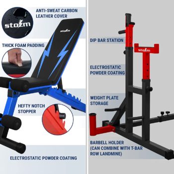 STOZM Home Fitness Station with Weight Training Set of 14-Gauge Steel Adjustable Barbell Rack with Weight Plate Storage, Dip Bar Station, Barbell Holder & T-Bar Row Landmine Support & Adjustable Weight Bench Foldable