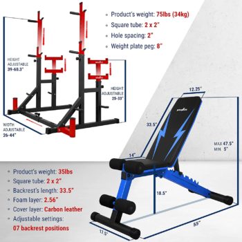 STOZM Home Fitness Station with Weight Training Set of 14-Gauge Steel Adjustable Barbell Rack with Weight Plate Storage, Dip Bar Station, Barbell Holder & T-Bar Row Landmine Support & Adjustable Weight Bench Foldable