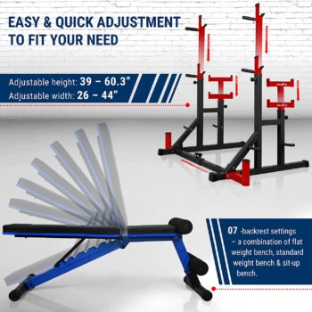 STOZM Home Fitness Station with Weight Training Set of 14-Gauge Steel Adjustable Barbell Rack with Weight Plate Storage, Dip Bar Station, Barbell Holder & T-Bar Row Landmine Support & Adjustable Weight Bench Foldable