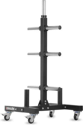 XMark Commercial Olympic Weight Plate Tree or Bumper Plate Tree, Vertical Storage Tree, 750 lb Capacity, with Two Bar Holders and Transport Wheels