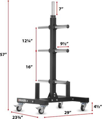 XMark Commercial Olympic Weight Plate Tree or Bumper Plate Tree, Vertical Storage Tree, 750 lb Capacity, with Two Bar Holders and Transport Wheels