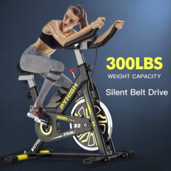 PYHIGH Stationary Exercise Bike for Home Indoor Cycling Bikes Excersize Bike Comfortable Seat Cushion Belt Drive Ipad Holder with LCD Monitor Cardio Workout Fitness Machine