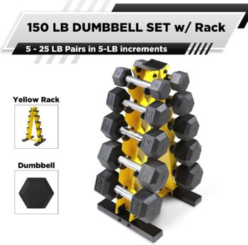 WF Athletic Supply 5-25Lb Rubber Coated Hex Dumbbell Set with A Frame Storage Rack Non-Slip Hex Shape for Muscle Toning, Strength Building & Weight Loss - Multiple Choices Available