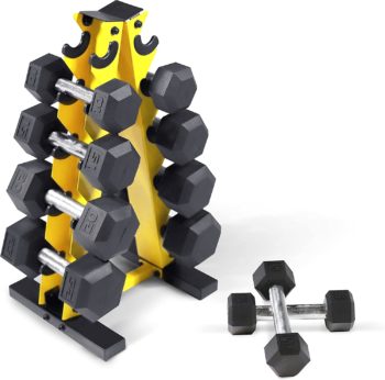 WF Athletic Supply 5-25Lb Rubber Coated Hex Dumbbell Set with A Frame Storage Rack Non-Slip Hex Shape for Muscle Toning, Strength Building & Weight Loss - Multiple Choices Available