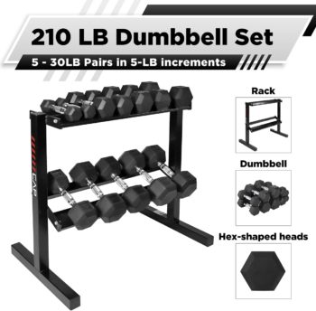 WF Athletic Supply Rubber Coated Hex Dumbbell Set with Two Tier Premium Storage Rack Built for Strength Building, Weight Loss & Home Gym – Multiple Sets Available