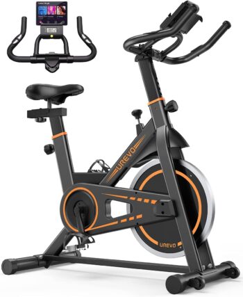 UREVO Exercise Bike, Stationary Bike with 35lbs Flywheel, Indoor Cycling Bike Stationary with Mat and 4 Resistance Bands, Exercise Bike 330lbs Capacity, Quiet Bike Exercise Machine with Adjustable Resistance