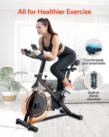 UREVO Exercise Bike, Stationary Bike with 35lbs Flywheel, Indoor Cycling Bike Stationary with Mat and 4 Resistance Bands, Exercise Bike 330lbs Capacity, Quiet Bike Exercise Machine with Adjustable Resistance