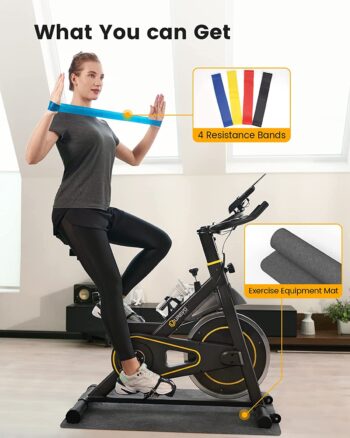 UREVO Exercise Bike, Stationary Bike with 35lbs Flywheel, Indoor Cycling Bike Stationary with Mat and 4 Resistance Bands, Exercise Bike 330lbs Capacity, Quiet Bike Exercise Machine with Adjustable Resistance