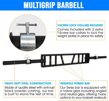 Yes4All Multi Grip Barbell with 2 Collars- Fits Olympic Weight Plates, Steel, Black - Multigrip Barbell