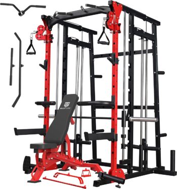 MAJOR LUTIE Smith Machine, Multifunction Power Cage with Smith Bar and Two LAT Pull-Down Systems and Cable Crossover Machine for Home Gym