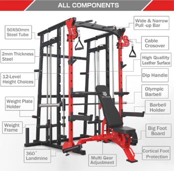 MAJOR LUTIE Smith Machine, Multifunction Power Cage with Smith Bar and Two LAT Pull-Down Systems and Cable Crossover Machine for Home Gym