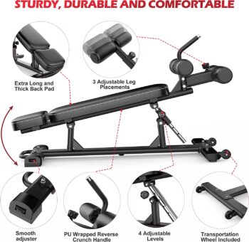 Finer Form Semi-Commercial Sit-Up Bench For Core Workouts and Decline Bench Press. Adjustable Weight Bench with Reverse Crunch Handle with 4 Adjustable Height Settings. Great Ab Workout Equipment