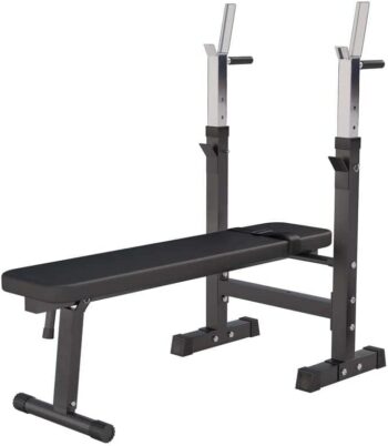 GORILLA SPORTS® Weight Bench with Barbell Rack - Adjustable, Foldable, Dip Station, Flat/Incline, Max 440 lb, Heavy Duty, Black/White - Bench Press Station, Chest Workout Equipment, Home Gym Training