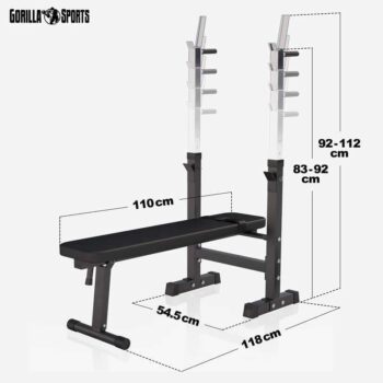 GORILLA SPORTS® Weight Bench with Barbell Rack - Adjustable, Foldable, Dip Station, Flat/Incline, Max 440 lb, Heavy Duty, Black/White - Bench Press Station, Chest Workout Equipment, Home Gym Training