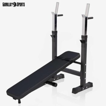 GORILLA SPORTS® Weight Bench with Barbell Rack - Adjustable, Foldable, Dip Station, Flat/Incline, Max 440 lb, Heavy Duty, Black/White - Bench Press Station, Chest Workout Equipment, Home Gym Training