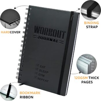 Hardcover Fitness Journal Workout Planner for Men & Women - A5 Sturdy Workout Log Book to Track Gym & Home Workouts