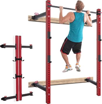 Merax Wall Mount Folding Squat Rack, 1000lb Capacity Fold Back Fold-in Power Rack with Pull Up Bar, J-Cups for Space-Saving Home Gym Fitness Equipment