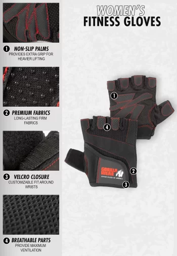 Women's Fitness Gloves - Black/Red Stitched