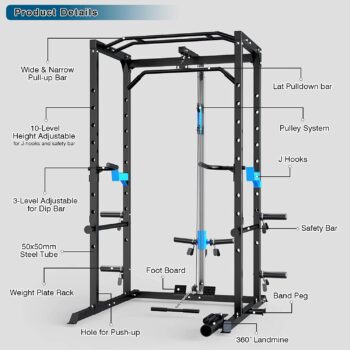 ULTRA FUEGO Power Cage, Multi-Functional Power Rack with J-Hooks, Dip Handles, Landmine Attachment and Optional Cable Pulley System for Home Gym (896)