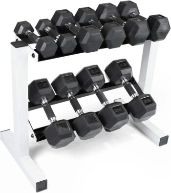 WF Athletic Supply 5-25Lb Rubber Coated Hex Dumbbell Set with Two Tier Storage Rack Non-Slip Hex Shape for Muscle Toning, Strength Building & Weight Loss - Multiple Choices Available