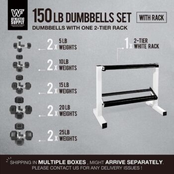 WF Athletic Supply 5-25Lb Rubber Coated Hex Dumbbell Set with Two Tier Storage Rack Non-Slip Hex Shape for Muscle Toning, Strength Building & Weight Loss - Multiple Choices Available