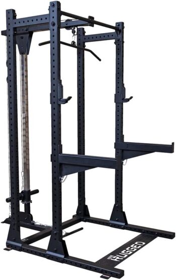 Heavy Duty Strength Training, Extended Half Rack Package with Lat, Bench, 300 lb. Weight Set, Mats, by Rugged Strength & Fitness