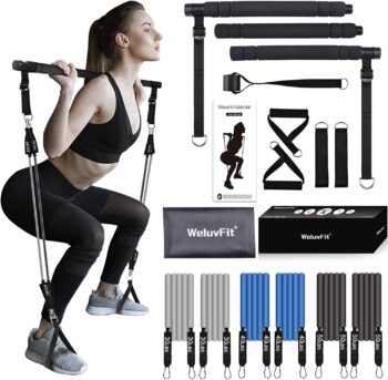 Pilates Bar Kit with Resistance Bands, WeluvFit Fitness Equipment for Women & Men, Gym Home Workouts Stainless Steel Stick Squat Yoga Pilates Flexbands Kit