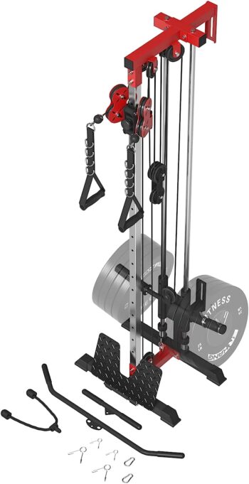 ER KANG Cable Station Wall Mount, 18 Height Pulley Tower, Dual Pulley System, High and Low Cable Machine, LAT Pull-Down & LAT Row LAT Tower with Flip-Up Footplate, Home Gym Cable Crossover(Red)