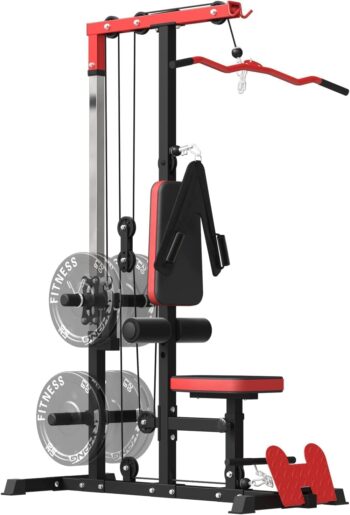 ER KANG LAT Tower, LAT Pull Down and LAT Row Cable Machine with Flip-Up Footplate, High and Low Pulley Station with AB Crunch Harness, Home Gym Back Exercise Weight Machine