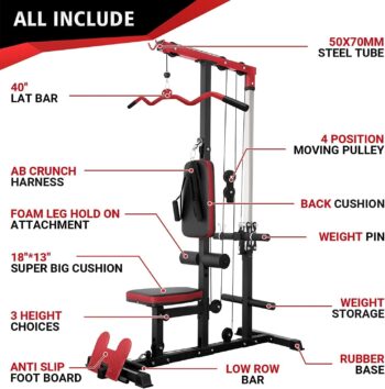 ER KANG LAT Tower, LAT Pull Down and LAT Row Cable Machine with Flip-Up Footplate, High and Low Pulley Station with AB Crunch Harness, Home Gym Back Exercise Weight Machine