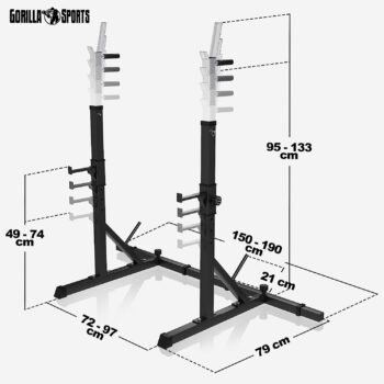 GORILLA SPORTS® Squat Rack - Adjustable Height, Multifunctional, Non-Slip Feet, Steel, Black - Barbell Rack, Bench Press Stands, for Strength Training, Weight Lifting, Exercise, Home Gym Equipment