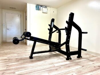 RYAN SHERWOOD OLYMPIC DECLINE BENCH press with 4 long external storage weight horns commercial Quality (200 lb. item weight) for Gym