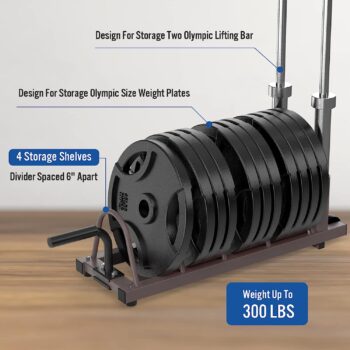 Royal Fitness Horizontal Weight Plate Rack Organizer and Olympic Bar Holder with Handle and Wheels, Plate Storage