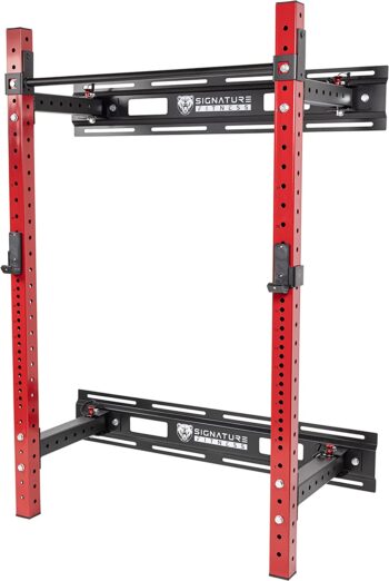 Signature Fitness 3” x 3” Wall Mounted Fold-in Power Cage Squat Rack with Adjustable Pull Up Bar and J Hooks - Space-Saving Home Gym