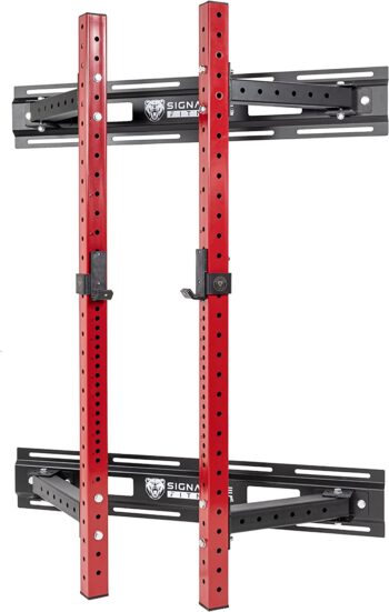 Signature Fitness 3” x 3” Wall Mounted Fold-in Power Cage Squat Rack with Adjustable Pull Up Bar and J Hooks - Space-Saving Home Gym