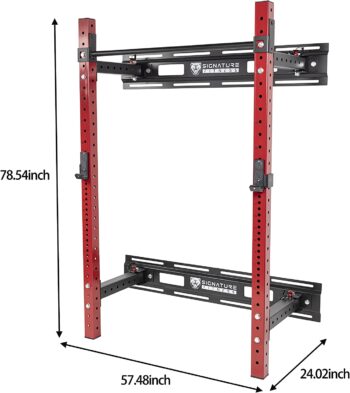 Signature Fitness 3” x 3” Wall Mounted Fold-in Power Cage Squat Rack with Adjustable Pull Up Bar and J Hooks - Space-Saving Home Gym